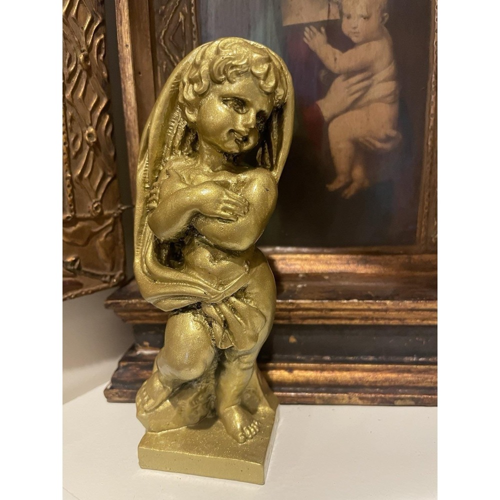 Vintage Gold Putti Cherub Crossed Arms Statue Resin Hollywood Regency Decor 6"
